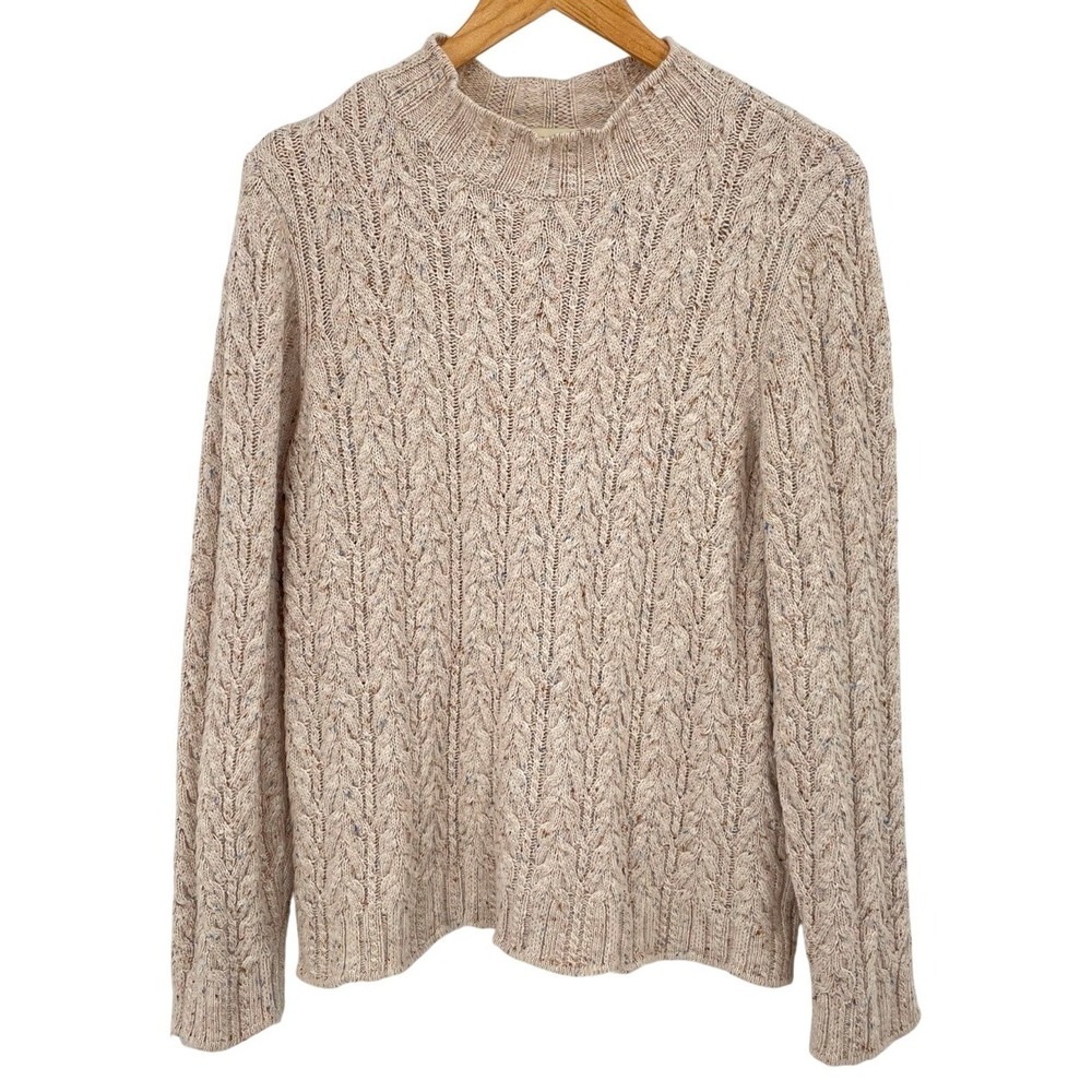 Appleseeds Women's Medium Cable Knit Mock‎ Neck Sweater Wool Neutral Minimalist